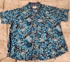Free Planet Mens 4Xl Button Down Shirt Sleeve Shirt Hawaiian Floral Leaves Blue