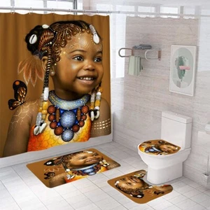 African Girl Shower Curtain Bathroom Rug Set Bath Mat Non-Slip Toilet Lid Cover - Picture 1 of 11