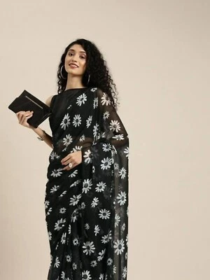 Printed Bollywood Chiffon Saree - Image 1 of 4