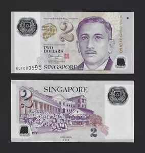 SINGAPORE $2 Dollars 2019, P-46m, 3 Open Stars, S/N 00069x 3 Digits, Polymer UNC - Picture 1 of 1