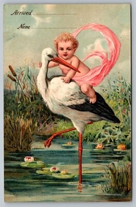 AK Baby Mädchen reiten Storch Baby Geburtsanzeige Teich See Fantasy links - Bild 1 von 2