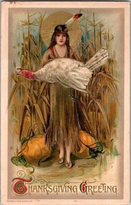 1910 Samuel Schmucker Winsch Thanksgiving Indian Woman Turkey Postcard JY12 - Picture 1 of 2