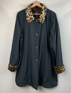 Abrigo Dennis Basso Reversible Negro/Animal Estampado Cuello Botones Bolsillos Talla XL - Imagen 1 de 19