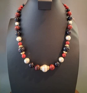 AVON Vintage Red, Black & Cream Marbled Beads, 24 inch Necklace - Picture 1 of 5