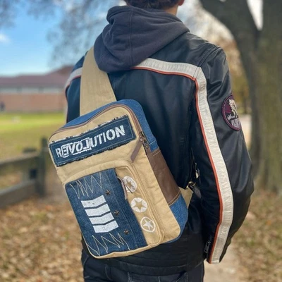 Upcycled Denim Canvas Crossbody Bag – Retro Style Unisex Messenger Satchel - Image 1 of 4