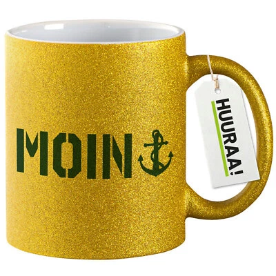 Glitzer-Kaffeetasse Moin Anker Geschenkidee Souvenir Präsent Wichtelgeschenk Mit - Bild 1 von 4