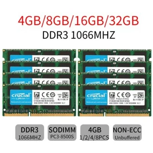 32GB 16GB 8GB 4GB PC3-8500S DDR3 1066MHz SODIMM Laptop Memory For Crucial Lot UK - Picture 1 of 17