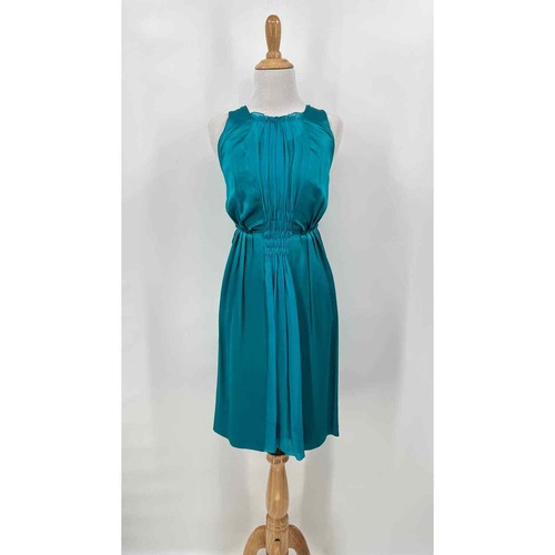 Abito MOSCHINO donna 2 seta turchese senza maniche pieghe davanti lunghezza ginocchio