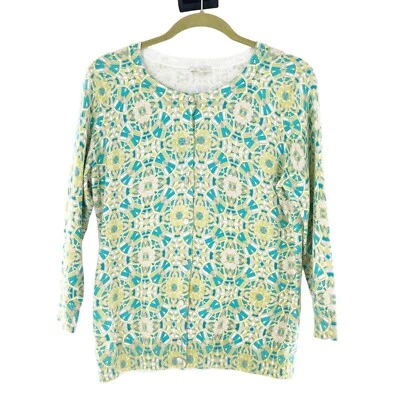 Talbots Womens M Cotton Cardigan Geometric Mosaic Pattern Blue & Yellow Retro a - Image 1 of 4