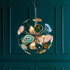 1950 CENTURY BRASS GREEN AGATE STONE URCHIN SPUTNIK CHANDELIER VINTAGE STILNOVO - Picture 1 of 8