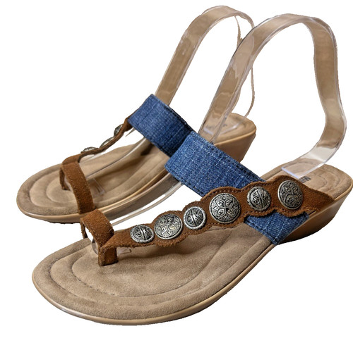 MBT Minnetonka Sasha sandalo donna con anello e punta antiscivolo impreziosito 8M blu marrone