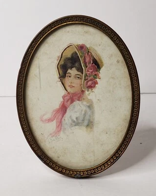 Antique Engraved Floral Oval Frame w/ Print Art - Wire Easel PAT. MAY 19, 1908 - Image 1 of 4