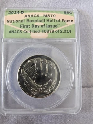 2014 D Baseball Hall of Fame 50c ANACS MS70 First Day Issue  - Image 1 of 2