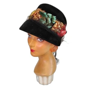 50s 60s Vintage Black Cloche Hat with Colorful Feathers - Picture 1 of 4