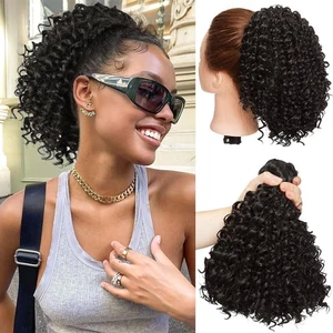 Afro Kinky Curly Hair 8" THICK Short Ponytail Bun Clip In Pony Tail Black Women - Picture 1 of 15