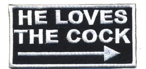 he loves the cock patch badge novelty biker vest motorcycle funny black white - Picture 1 of 1