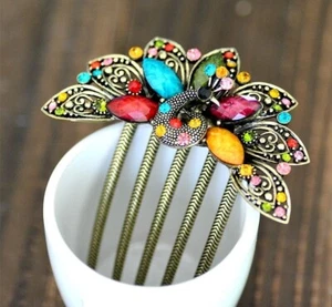 Vintage Peacock Hair Comb Chinese Style Rhinestone Hairpin Women Jewelry Fashion - Picture 1 of 17