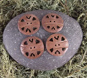 Zen Canyon Large Brown Folk Hearts 2-hole Carved Coconut Shell Buttons 4 pack - Picture 1 of 4