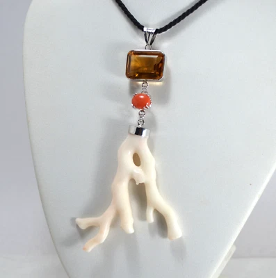 CIONDOLO  ARGENTO 925 DORATO CITRINO  CORALLO ROSSO E BIANCO           AGDV 0241 - Immagine 1 di 4