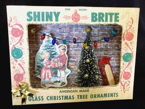 Vintage SHINY BRITE Weihnachtsschmuck Shadow Box Diorama Kinder Schlitten Baum Neu - Bild 1 von 4