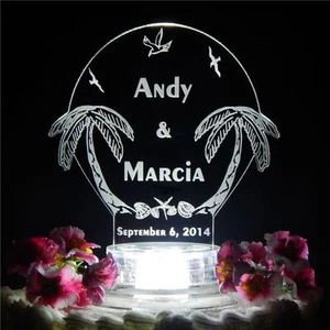 Personalized Custom Lit Beach Wedding CakeTopper Palm Trees Acrylic LED Lighted - Picture 1 of 5