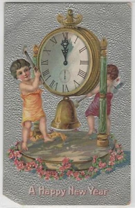 1900ʼs A Happy New Year Cherubs Ring Bell Clock Embossed Postcard - Bild 1 von 2