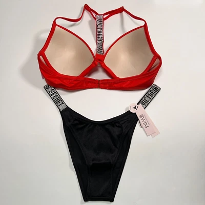 Victoria Secret 34B M Fabulous Bikini Top Shine Strap Push Up Set Red Black - Image 1 of 4