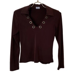 Vintage 90s Y2K Brown Polyester Top Butterfly Collar Metal Grommets Women’s M - Picture 1 of 10