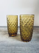 PIER 1 Amber Glass TUMBLER Cup EMBOSSED 5.75”H  3” Across SET OF 2