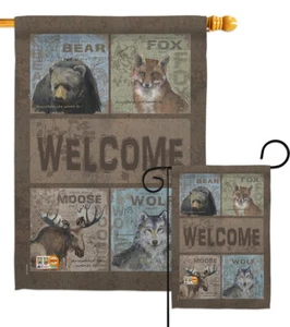 Welcome Wilderness Wildlife Bear Fox Moose Wolf Garden House Yard Flag - Picture 1 of 13