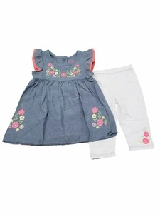 Infant Toddler Girls Floral Flowers Blue Denim Pink Ruffle Top Pants 2Pc Set 24m - Picture 1 of 1