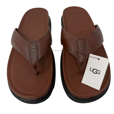 Sandálias UGG Masculinas Tamanho 12 Capitola FLIP Flop Couro Conhaque Slides Sandálias Novo com etiquetas - Imagem 1 de 4