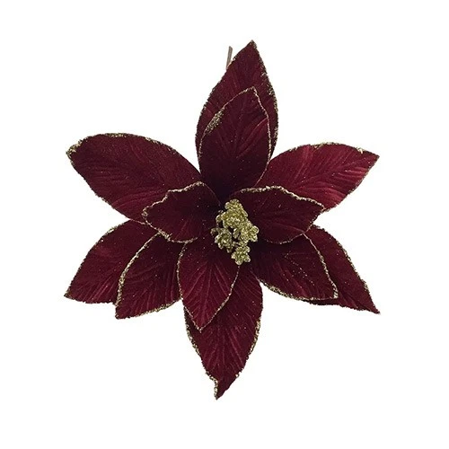 APAC Maroon Red Velvet Poinsettia with Gold Glitter Detail Christmas Pick Decoration