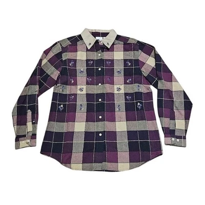 Bobbie Brooks Button Up Shirt Women Large Purple Patchwork Floral Embroidered - Image 1 of 4