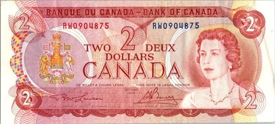 VINTAGE CANADA BANKNOTE 1974 2  DOLLAR PREFIX RW NO456 - Image 1 of 2