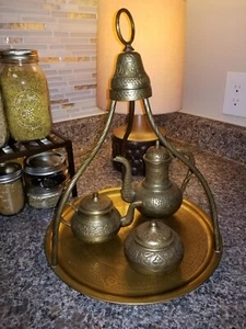 VINTAGE MIDDLE EASTERN ETCHED BRASS COFFEE/TEA SET - Picture 1 of 11