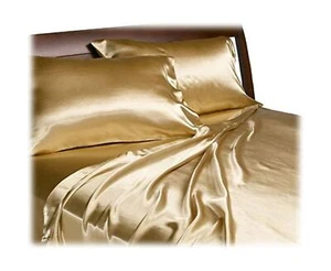 King Size Sheet 4 Set Gold High Quality Woven 100% Polyester Satin 9.3" x 3.4" - Picture 1 of 1