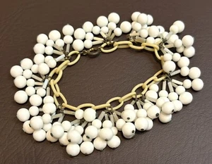 Miriam Haskell? White Milk Glass Bead Dangle Charms Thumbless Clasp Bracelet - Picture 1 of 11