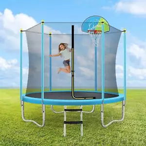 Outdoor 8FT Kids Trampoline with Safety Enclosure Net Basketball Hoop and Ladder - Picture 1 of 7