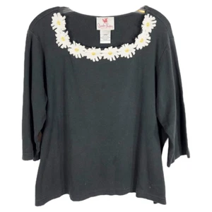 Quacker Factory großes Top schwarz Gänseblümchen Ausschnitt Blumen einfarbig Strass 281 - Bild 1 von 5