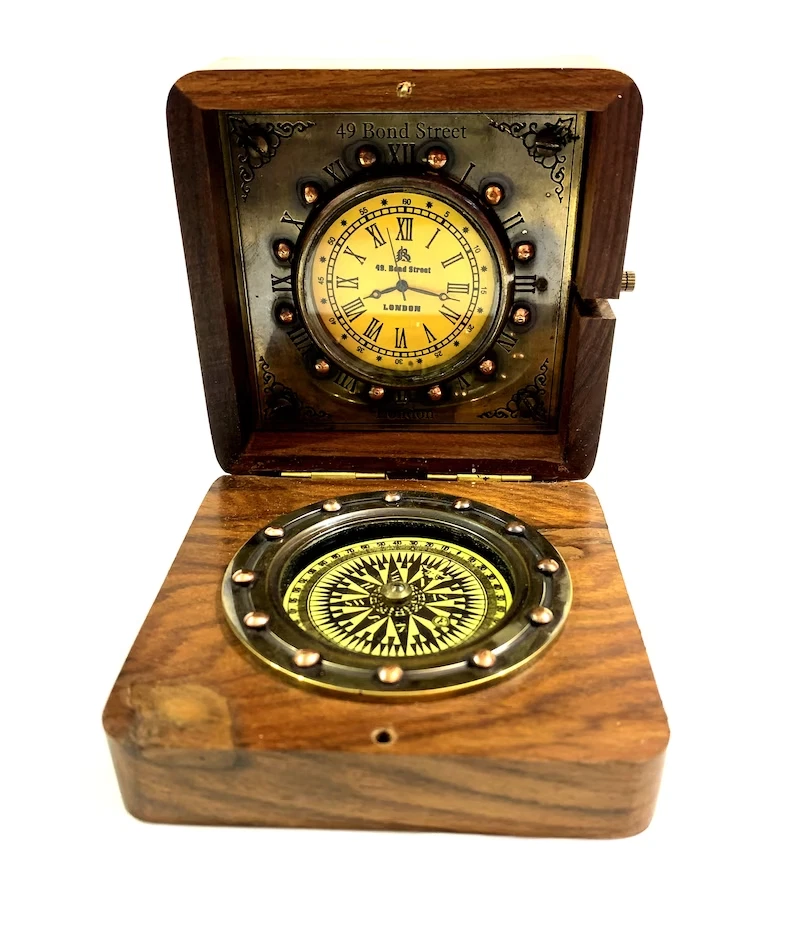 Vintage Wooden Engraved Clock & Compass Antique Nautical Decorative Compass Gift Foto 1 de 4
