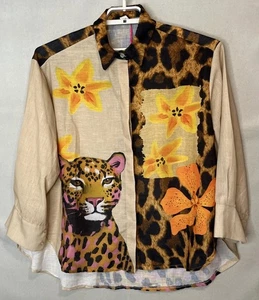 Yolly Blouse Italy Cheetah Floral Animal Print Artsy Shirt Womens 3X Tunic Top - Picture 1 of 14