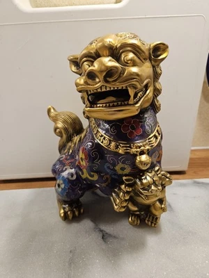 Chinese Cloisonne Bronze Foo Dog Signed H22cm X W19cm Wt 2.8kg Vgc - Image 1 of 4