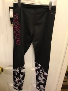 Adidas Girl Climalite Leggings Black Floral Size M 10-12 EUC NWT - Picture 1 of 6