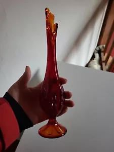 VASO vintage vetro vichingo oscillante allungabile 6 petali MCM rosso arancione amberina 10,25" - Foto 1 di 9