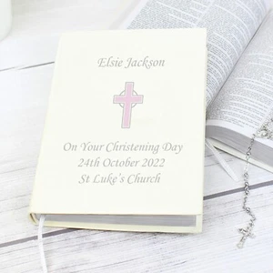 Personalised Pink Cross Eco-friendly Holy Bible - Christening Baptism Gift - Picture 1 of 4