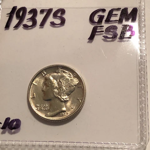 1937-S   Silver  Mercury Head Dime  GEM FSB Brilliant Uncirculated Cover