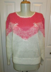 DE COLECCIÓN AÑOS 80 HELIO SUAVE SEDOSO COPO DE NIEVE CINTA CUENTAS APLIQUES TEJIDO SUÉTER M  - Imagen 1 de 5