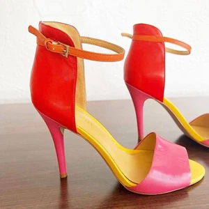 COLOR BLOCK Nine West Vintage Pink Red Yellow Ankle Strap Open Toe High Heels 8M - Picture 1 of 10