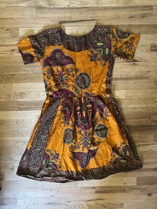Vintage Batik Print Dress, African Style, Orange & Burgundy, Handmade, Lined - Picture 1 of 18